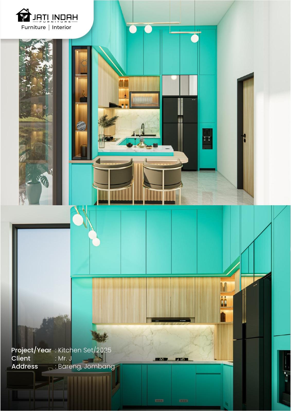 Kitchen set turquoise custom dengan island dan storage
